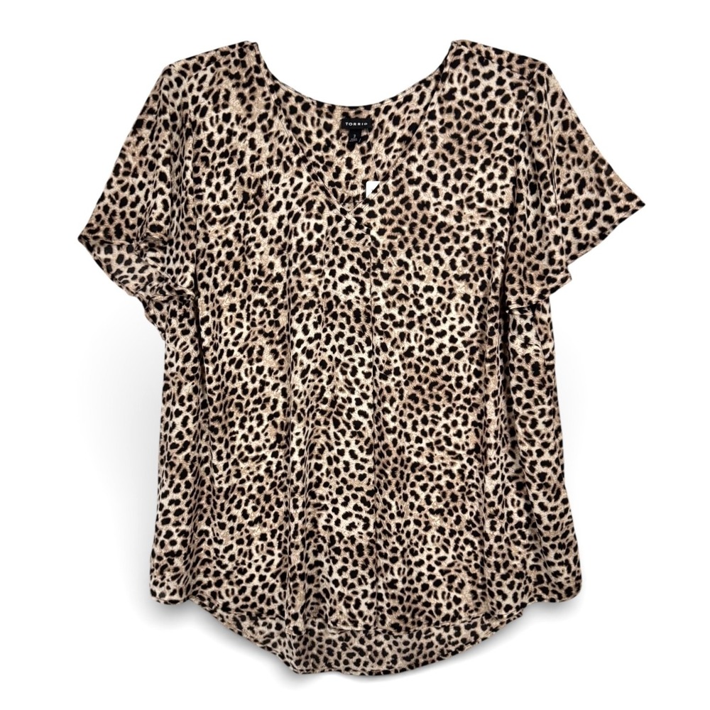 NWT Torrid Cheetah Leopard Print Pleated Front Blouse 3‎ Sz 3X V Neck Georgette